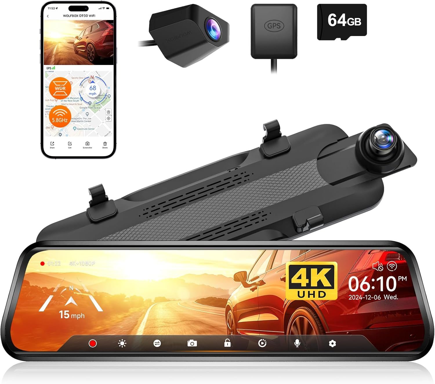 WOLFBOX G930 Mirror Dashcam (Front + Rear, F-150 Lightning Compatible)