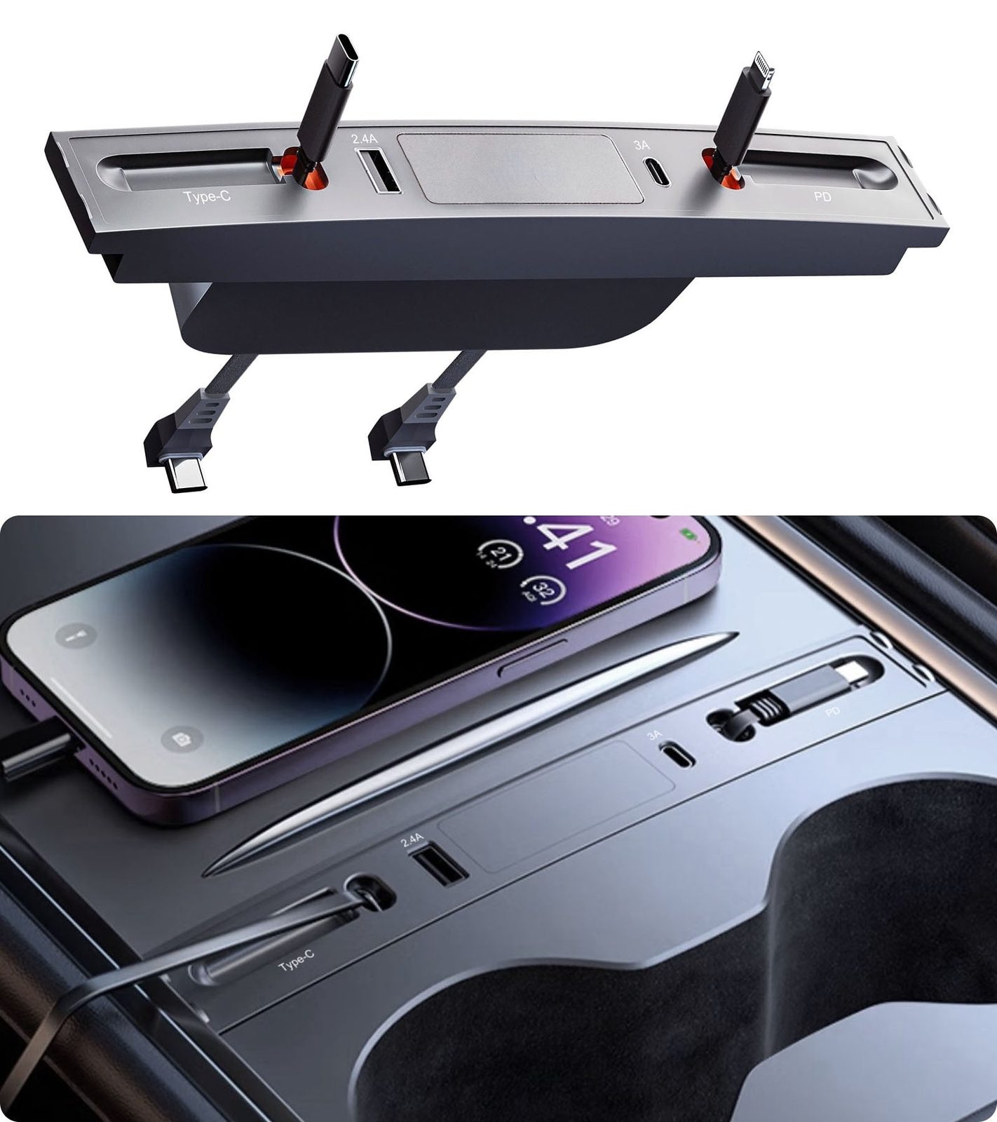 Tesla Model 3/Y Center Console USB-C Hub with Retractable Cables